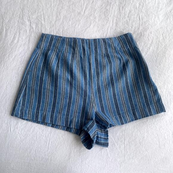 Doen Carleto Linen Vertical Stripe Simple Shorts Blue Indigo Stripe - Picture 1 of 11